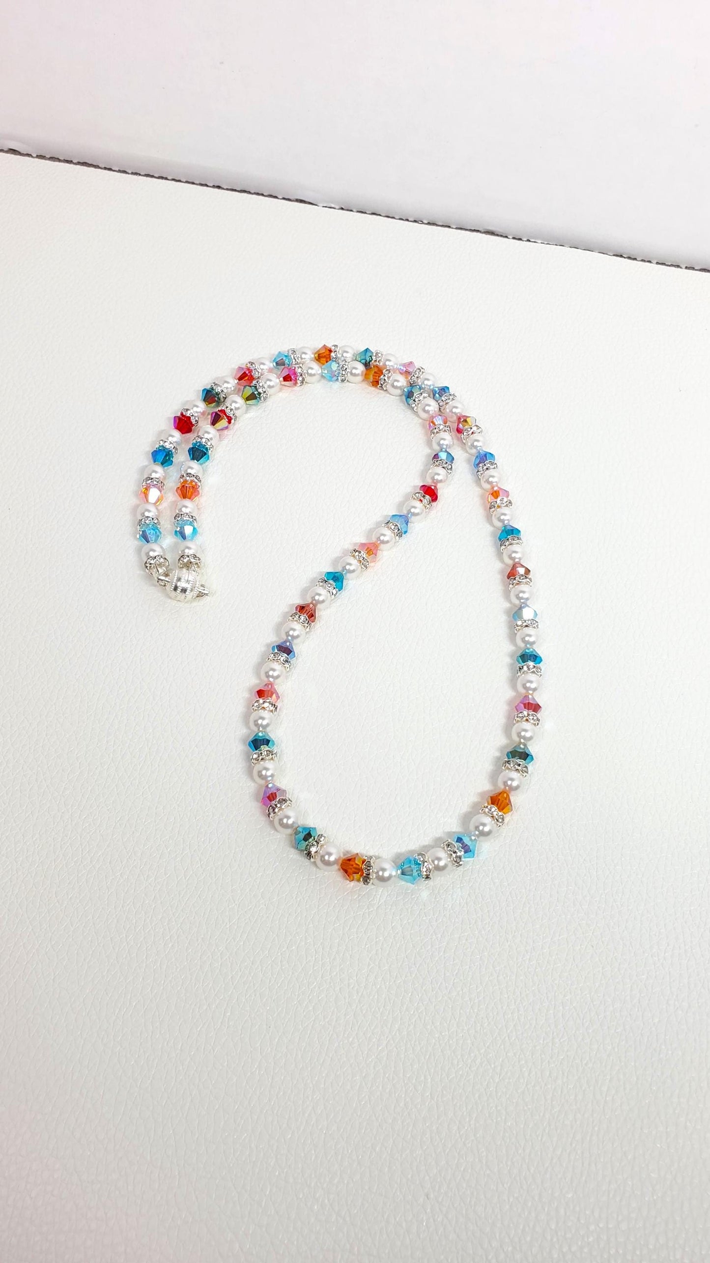 Pearl and Crystal Necklace Multi Rainbow Color Crystal Beaded Pearl Necklace and Bracelet Set Wedding Jewelry