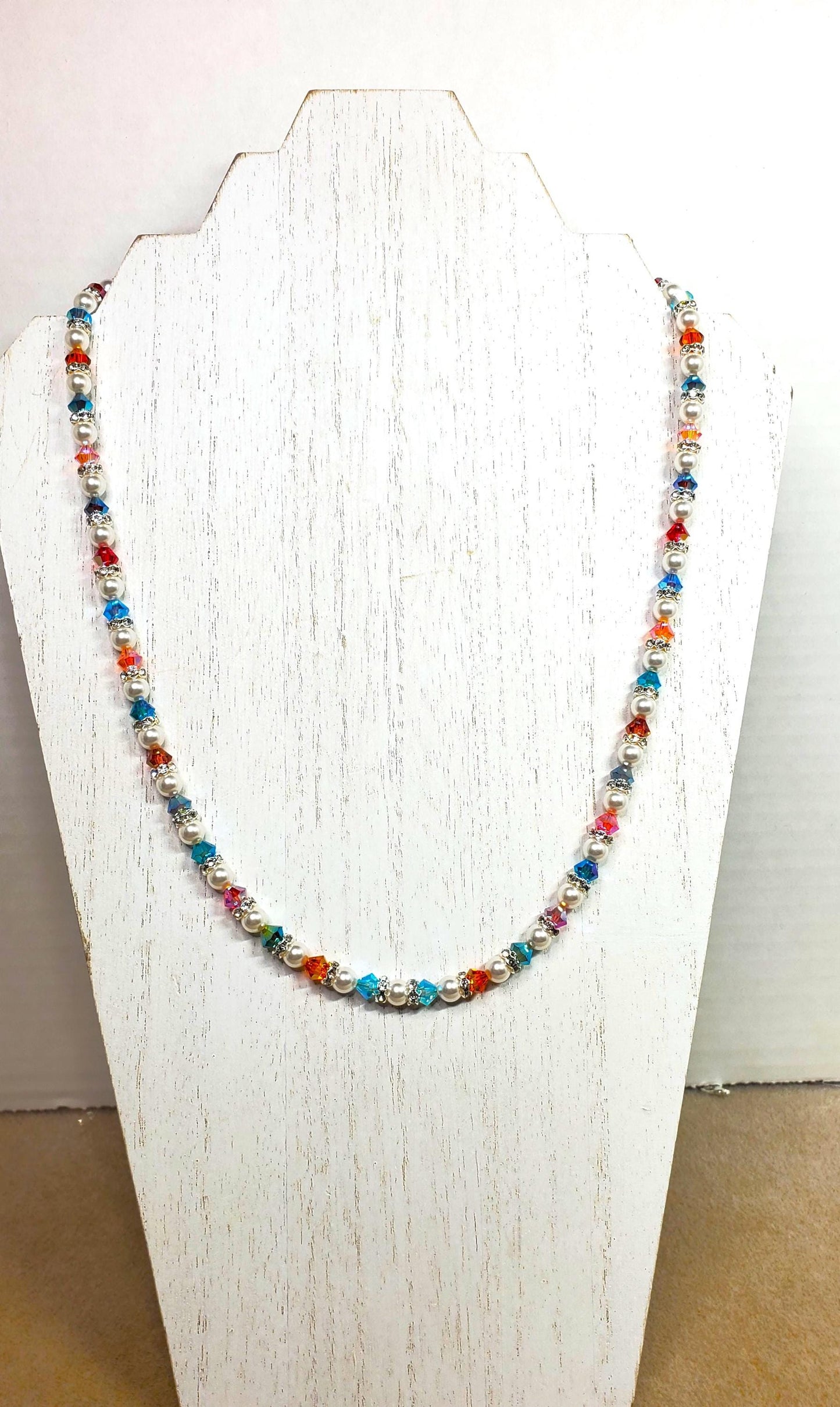 Pearl and Crystal Necklace Multi Rainbow Color Crystal Beaded Pearl Necklace and Bracelet Set Wedding Jewelry