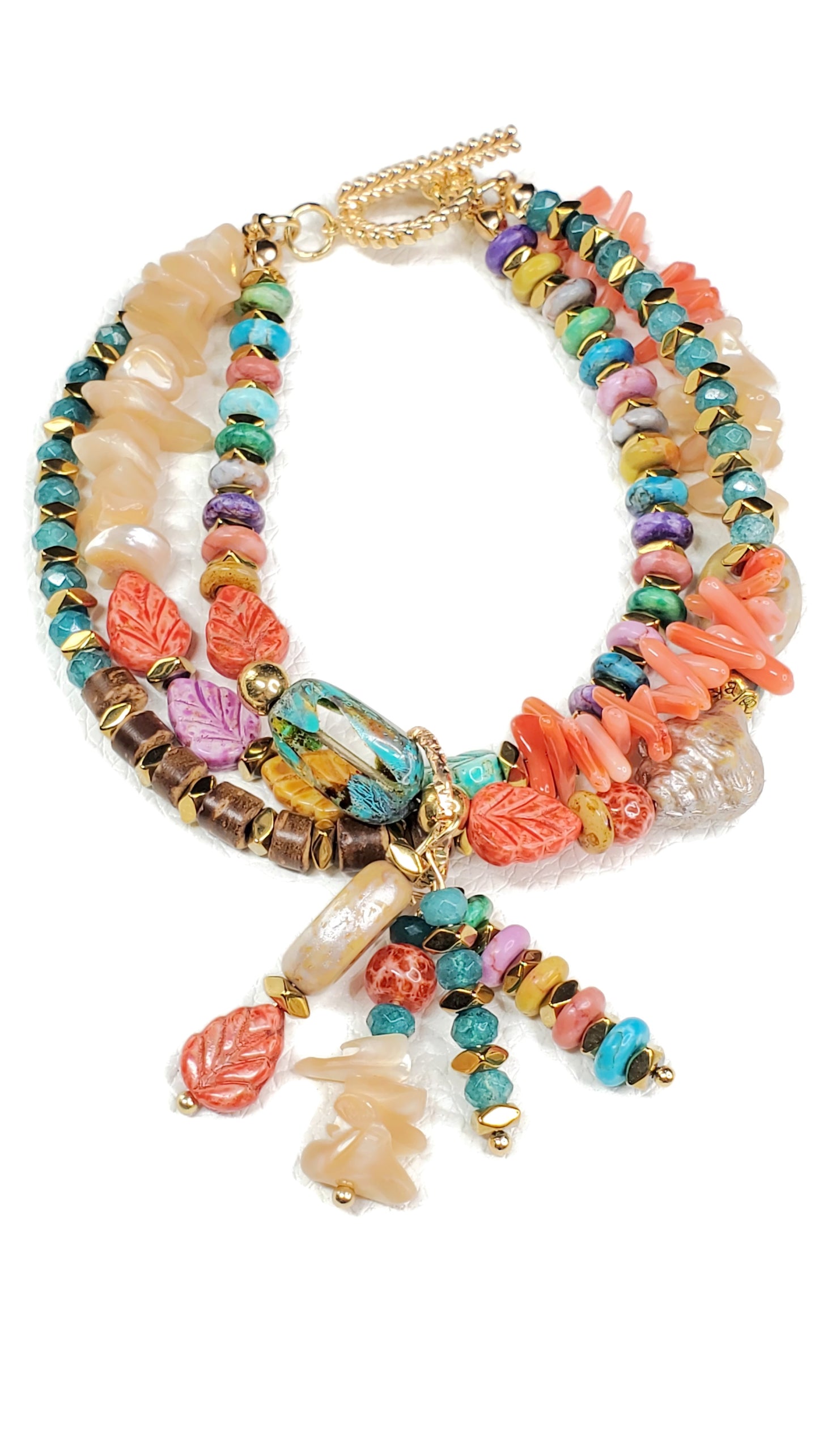 Beach Beaded Boho Charm Bracelet, Tropical Beaded Wire Bracelet