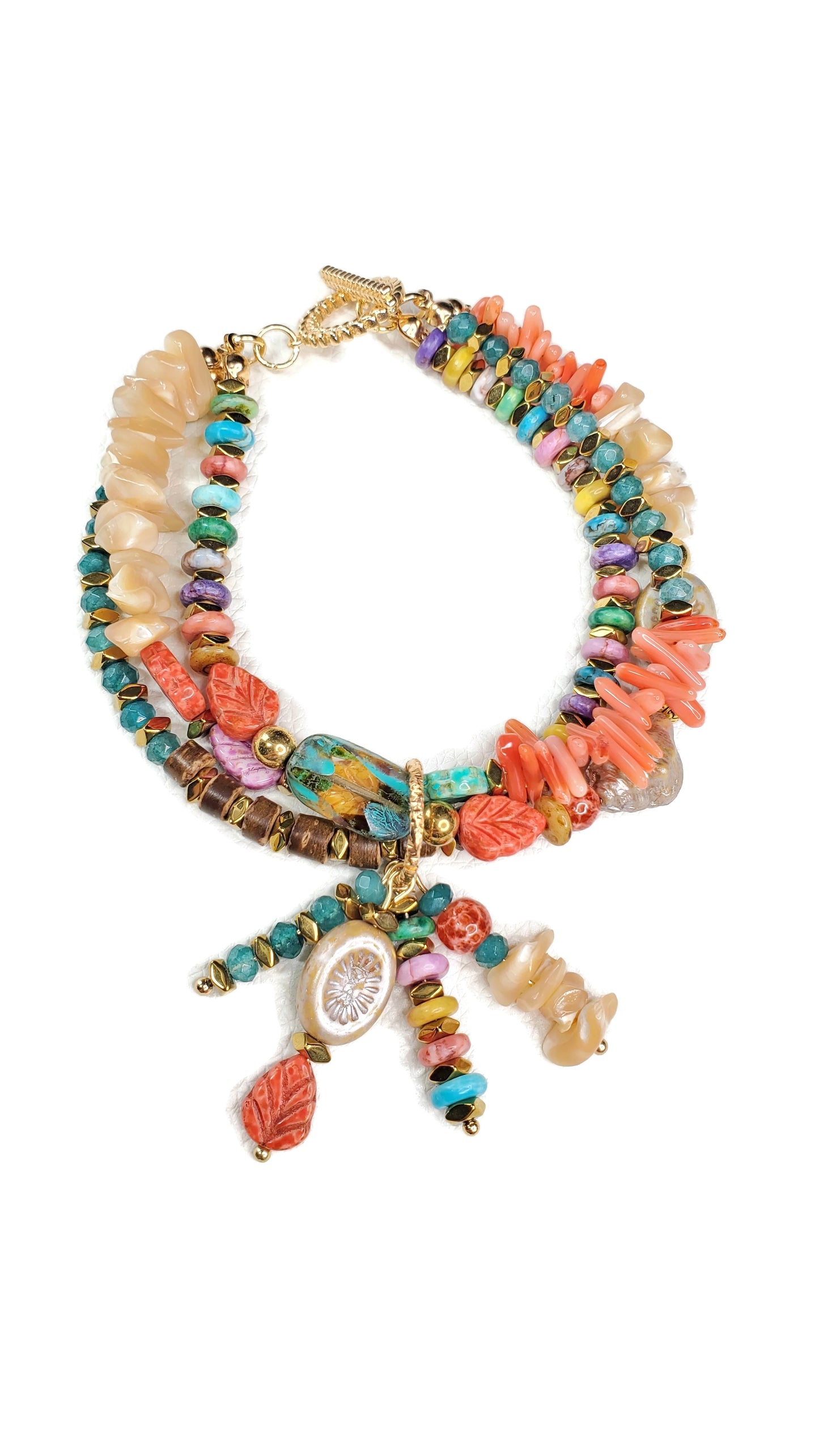 Beach Beaded Boho Charm Bracelet, Tropical Beaded Wire Bracelet