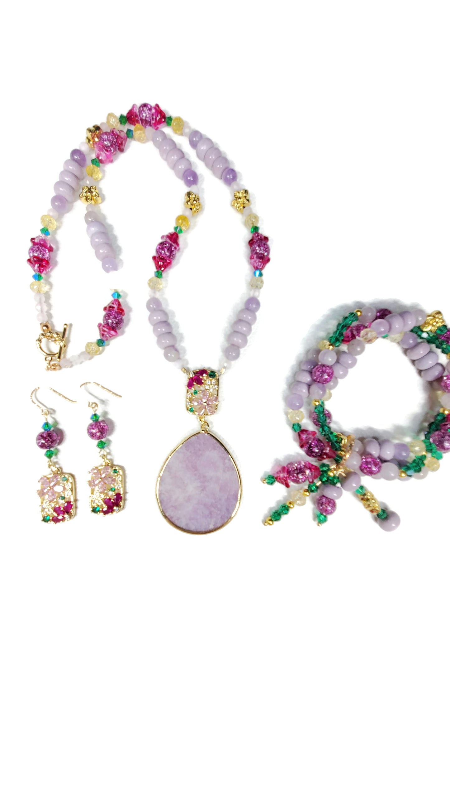 Crystal Flowers Collection | Purple Lepidolite Summer Necklace Set | Boho Necklace Set | Handmade Jewelry Set