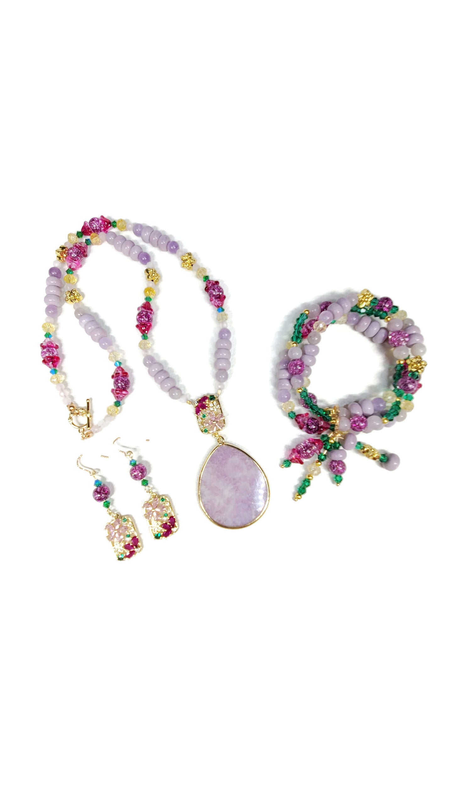 Crystal Flowers Collection | Purple Lepidolite Summer Necklace Set | Boho Necklace Set | Handmade Jewelry Set