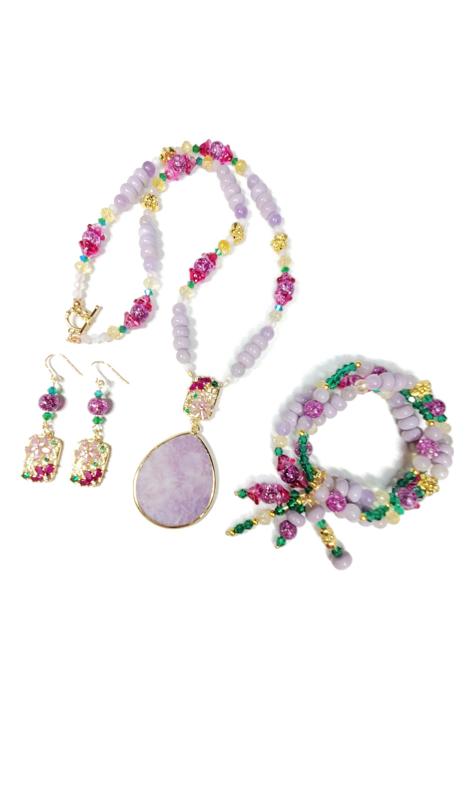 Crystal Flowers Collection | Purple Lepidolite Summer Necklace Set | Boho Necklace Set | Handmade Jewelry Set